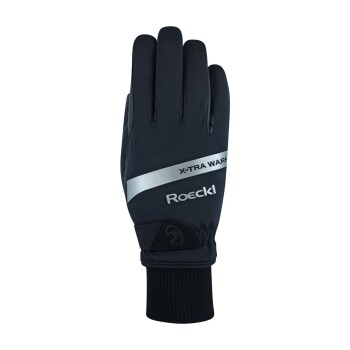 Schwarze Winterhandschuhe mit 'X-TRA WARM' und 'Roeckl'-Markierung, mit einem engen Bündchen und schlankem Design.