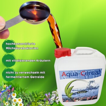 Eine Hand gießt dunkle Flüssigkeit mit einem Löffel in einen "Aqua-Cereal"-Behälter, der Milchsäurebakterien und Kräuter hervorhebt, vor einem grünen Blumenhintergrund.