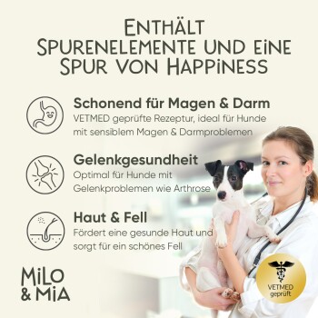 Tierarzt hält einen kleinen Hund und zeigt Vorteile: "Magen & Darm," "Gelenkgesundheit," "Haut & Fell," mit "Milo & Mia" und "VETMED geprüft."
