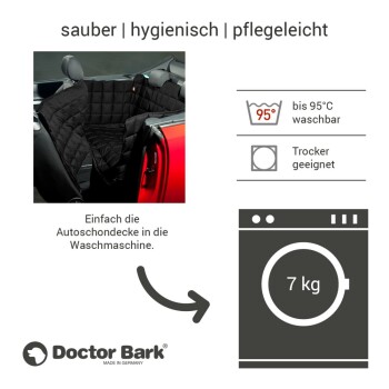 Schwarze Autositzabdeckung für Haustiere, die in einem roten Auto angezeigt wird, mit Text, der ihre Waschbarkeit bei 95°C und trocknergeeignete Eigenschaften hervorhebt.