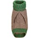 Brauner und grüner gestrickter Hundepullover mit einem gerippten Kragen und Öffnungen für die Vorderbeine, entworfen für Wärme und Komfort.