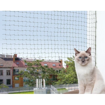 Eine Katze sitzt auf einem Balkon und schaut durch ein Schutznetz, mit einem klaren blauen Himmel und Gebäuden im Hintergrund.