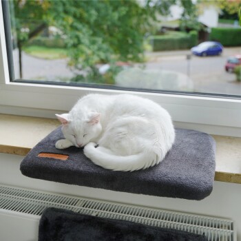 Eine weiße Katze schläft friedlich auf einem dunkelgrauen Haustierbett, das auf einer Fensterbank platziert ist, mit Grünpflanzen, die draußen sichtbar sind.