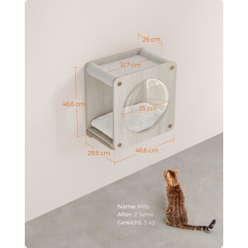 Ein modernes Katzenhaus mit einem runden Fenster, beschrifteten Abmessungen und einer Bengal-Katze namens Milo, die davor sitzt, Details umfassen Alter und Gewicht.