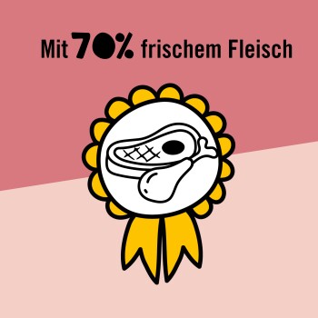 Das Bild zeigt ein Abzeichen mit einer Fleischillustration, auf einem rosa Hintergrund steht "Mit 70% frischem Fleisch".
