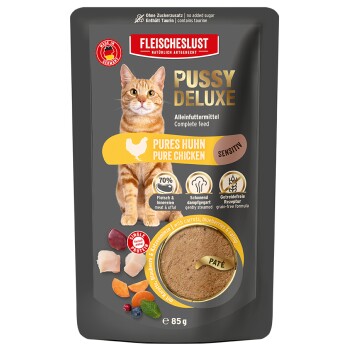 Fleischeslust Katzenfutter-Beutel 'PUSSY DELUXE' Pures Huhn / Pure Chicken Sensitive-Pâté 85 g, orange-getigerte Katze, Zutaten-Icons