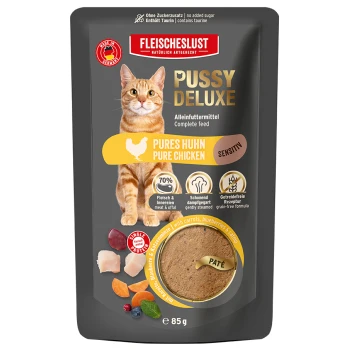 Fleischeslust Katzenfutter-Beutel 'PUSSY DELUXE' Pures Huhn / Pure Chicken Sensitive-Pâté 85 g, orange-getigerte Katze, Zutaten-Icons
