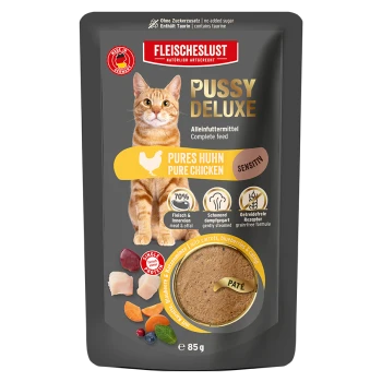 Fleischeslust Katzenfutter-Beutel 'PUSSY DELUXE' Pures Huhn / Pure Chicken Sensitive-Pâté 85 g, orange-getigerte Katze, Zutaten-Icons