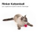 Eine flauschige hellfarbige Katze mit blauen Augen liegt neben einem rosa Ball, mit Text darüber, dass es sich um ein verspieltes Katzenspielzeug handelt.