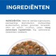 Tierfutterverpackung mit einem blauen Kopf "INGREDIËNTEN", der Zutaten wie Fleisch, Gemüse, Huhn und Reismehl auflistet.