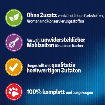 Hundefutter: Keine künstlichen Zusatzstoffe, unwiderstehliche Mahlzeiten, hochwertige Zutaten, 100% vollständig und ausgewogen.