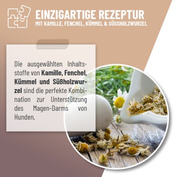 Einzigartige Rezeptur mit Kamille, Fenchel, Kümmel & Süßholzwurzel zur Unterstützung des Magen-Darms von Hunden.