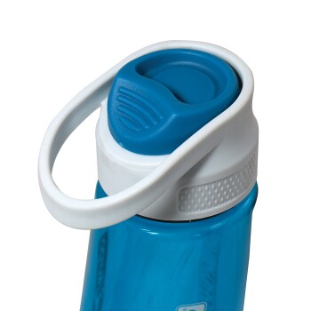 Blaue Haustier-Wasserflasche mit einem weißen Deckel und einem Tragegriff, mit einer Klappöffnung für einfachen Zugang.