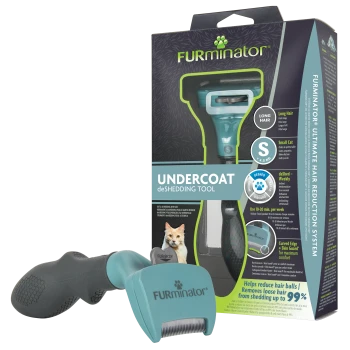 FURminator Undercoat deShedding Tool (Small, Long Hair) turkusowe narzędzie do pielęgnacji w opakowaniu z wizerunkiem kota.