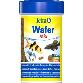 Tetra Wafer Mix pour poissons de fond et crustacés, présentant des images d'un poisson, de crevettes et d'un poisson-chat sur un contenant jaune et bleu.