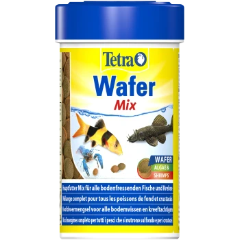 Tetra Wafer Mix pour poissons de fond et crustacés, présentant des images d'un poisson, de crevettes et d'un poisson-chat sur un contenant jaune et bleu.