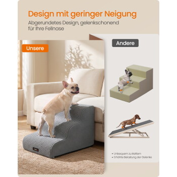 Französische Bulldogge auf grauen, strukturierten Haustiertreppen neben einer beigen Couch; Anzeige vergleicht 'Unsere' vs. 'Andere'; Text: 'Design mit geringer Neigung'.