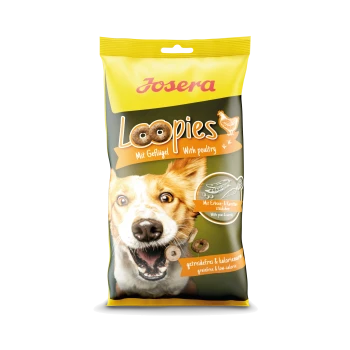 Josera Loopies Hundesnacks-Verpackung in leuchtendem Gelb, mit den Angaben "Mit Geflügel" und "Mit Erbsen & Karotten," getreidefrei und kalorienarm.