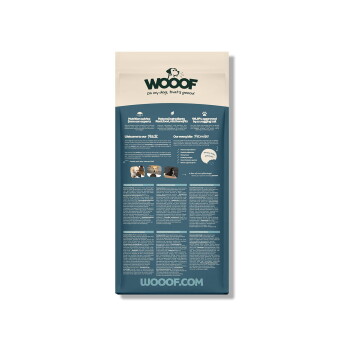 Türkis- und cremefarbener WOOOF-Hundefutterbeutel mit Logo 'WOOOF', Slogan 'Oh my dog, that's goood.' und 'WOOOF.COM' unten