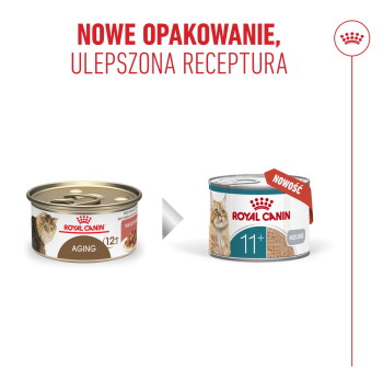 Stare i nowe puszki karmy Royal Canin z polskim tekstem 'NOWE OPAKOWANIE, ULEPSZONA RECEPTURA'.