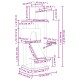 Diagramm der Katzenbaumabmessungen mit beschrifteten Maßen in Zentimetern und Zoll, mit mehreren Plattformen, einer Rutsche und einer gemütlichen Höhle.
