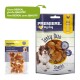 Two pet snack packages: left "Premiere. Snack It" with chicken and banana treats; right "Premiere. I ❤️ my dog" with 70g snacks.