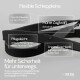 Schwarze flexible Hundeleine, die auf einer nassen Oberfläche präsentiert wird, mit Textmarkierungen zu Sichtbarkeit, Stärke, Pflegeleichtigkeit und Komfort.