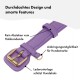 Lila Hundehalsband mit goldener Schnalle, gekennzeichnet: 'Kein Herausstehen', 'Hundemarkenbefestigung', 'Lederunterlage zum Schutz des Halses.'