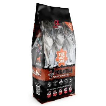 Dog The Only One 7days Schwein 12 kg Tüte Alpha Spirit Hundefutter mit Wolfsmotiven, Badge ‚THE ONLY ONE‘ und Schriftzug ‚7 days formula – Complete food for dogs‘