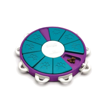 Interaktives Hundepuzzle-Spielzeug in Lila und Türkis, mit Pfotenabdruck-Designs und versteckten Leckerli-Fächern.