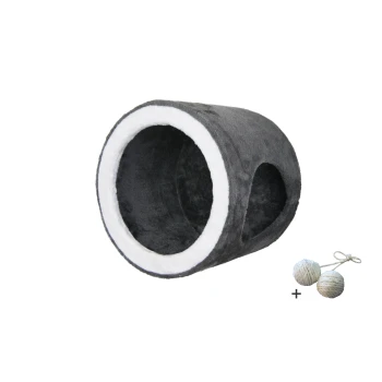 Graues Haustierhöhlenbett mit einem weißen Plüschinnenraum und einer offenen Seite, begleitet von zwei kleinen Seilbällen.