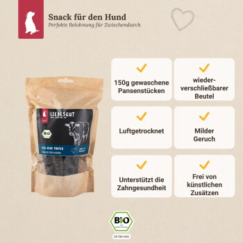 Liebesgut BIO‑Rind Pansen Hundesnack-Beutel mit deutschen Angaben: ‚Snack für den Hund‘, 150 g, luftgetrocknet, wiederverschließbar