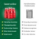 Drei rote SmoothieDog-Flaschen mit Häkchen ('Zuckerfrei') gegenüber einem grauen Beutel mit der Aufschrift 'Herkömmliche Hundesnacks' und Kreuzen.