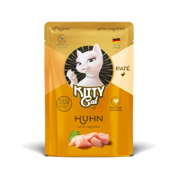 Kitty Cat Huhn Pastete Katzenfutterbeutel, getreidefrei, hergestellt in Deutschland, extra Taurin, mit Bild von Hühnerstücken.