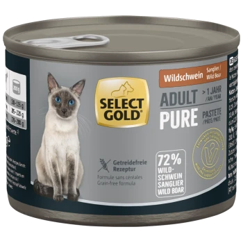 Select Gold Adult Pure Wildschwein Getreidefreies Katzenfutter Pâté 200g Dose mit Siamkatzenbild und 72% Wildschwein-Text.