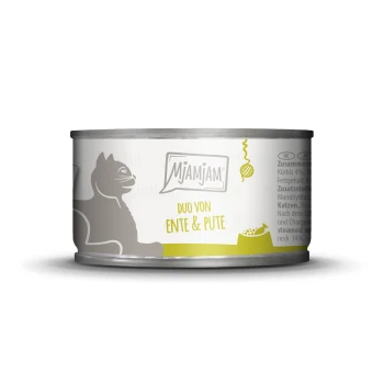 Dosen-Hundefutter mit der Aufschrift 'Mjamjam Duo von Ente & Pute', das eine Silhouette einer Katze zeigt, mit Zutaten und Nährwertinformationen an der Seite.