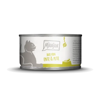 Dosen-Hundefutter mit der Aufschrift 'Mjamjam Duo von Ente & Pute', das eine Silhouette einer Katze zeigt, mit Zutaten und Nährwertinformationen an der Seite.