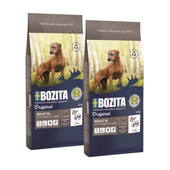 Deux sacs de nourriture pour chiens Bozita, étiquetés "Adult XL with Lamb," chacun pesant 12 kg. Les caractéristiques incluent "Sans blé" et des icônes nutritionnelles.