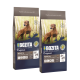 Zwei Säcke Bozita Hundefutter, beschriftet mit 'Adult XL mit Lamm', jeder wiegt 12 kg. Merkmale sind 'Weizenfrei' und Nährstoffsymbole.