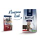 Twee Happy Cat voedselpakketten: links gelabeld 'adult volpern-rind,' rechts 'CULINARY 1+ jaar,' beide met een nieuw ontwerp en kattenafbeelding.