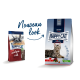 Twee Happy Cat voedselpakketten: links gelabeld 'adult volpern-rind,' rechts 'CULINARY 1+ jaar,' beide met een nieuw ontwerp en kattenafbeelding.