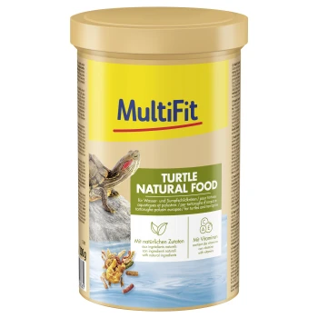 Nourriture Naturelle pour Tortues 1L Contenant MultiFit Turtle Natural Food avec image de tortue, ingrédients naturels et texte sur les vitamines C, A, E sur l'étiquette.
