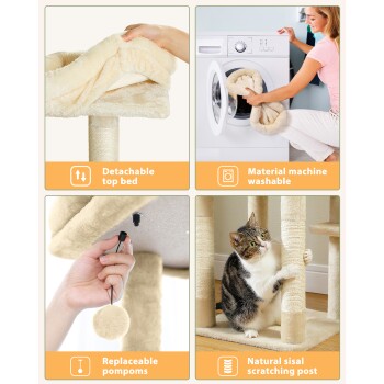 Bild eines Katzenbaums mit einem abnehmbaren oberen Bett, maschinenwaschbarem Material, austauschbaren Pompons und einem natürlichen Sisal-Kratzbaum.