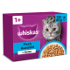 Whiskas Katzenfutterkarton: 1+, Fisch Auswahl in Gelee, 12 x 85 g; grau getigerte Katze und Schüssel mit Fisch in Gelee.