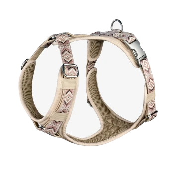 Beige Haustiergeschirr mit einem gemusterten Riemen, mit verstellbaren Schnallen und einem Metall-D-Ring zur Leinenbefestigung.