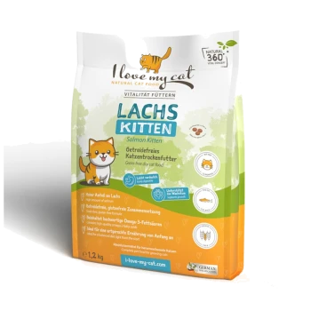 Tüte "Ich liebe meine Katze" natürliches Kittenfutter (1,2 kg), beschriftet "Lachs Kitten," getreidefrei mit hohem Lachs- und Omega-3-Gehalt.