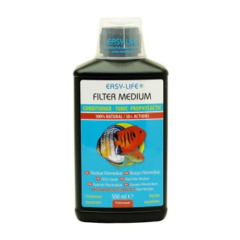 EasyLife - flüssiges Filtermedium 500 ml 500 ml Easy-Life Filtermediumflasche mit bunten Fischgrafiken und den Texten "100% Natürlich" und "30+ Aktionen".