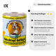 Fress-Express 'Fleischtopf Geflügel' Hundefutterdose mit gezeichnetem Hund; Etikett zeigt '70% Fleisch & Innereien'.