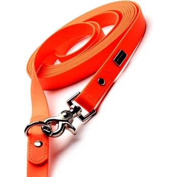 Helle orangefarbene Hundeleine mit einem Metallclip und Druckverschluss, ordentlich auf einem weißen Hintergrund gewickelt.