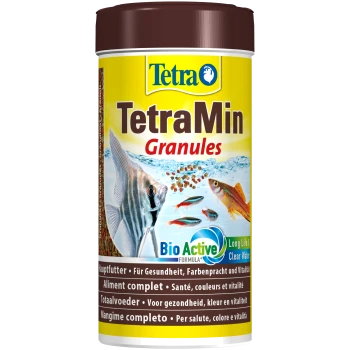 Conteneur de nourriture pour poissons TetraMin Granules avec un design coloré et des illustrations de poissons, mettant en avant la "Formule BioActive" pour la santé et la vitalité.